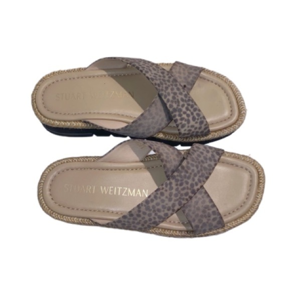 Stuart Weitzman Leopard Print Slide 7 Suede Sandals Rosa Lift Travel Confort - Picture 6 of 13